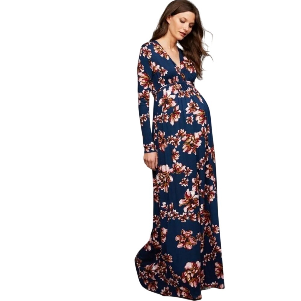 Rachel Pally Maternity Navy Blue Floral Maxi Dress Size M V-Neck Long Sleeve